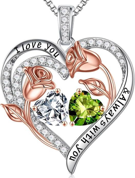 Iefil Christmas Gifts for Women Wife - 925 Sterling Silver Rose Heart Birthstone Necklace Birthday Anniversary Jewelry Gifts for Her Wife Mom Daughter