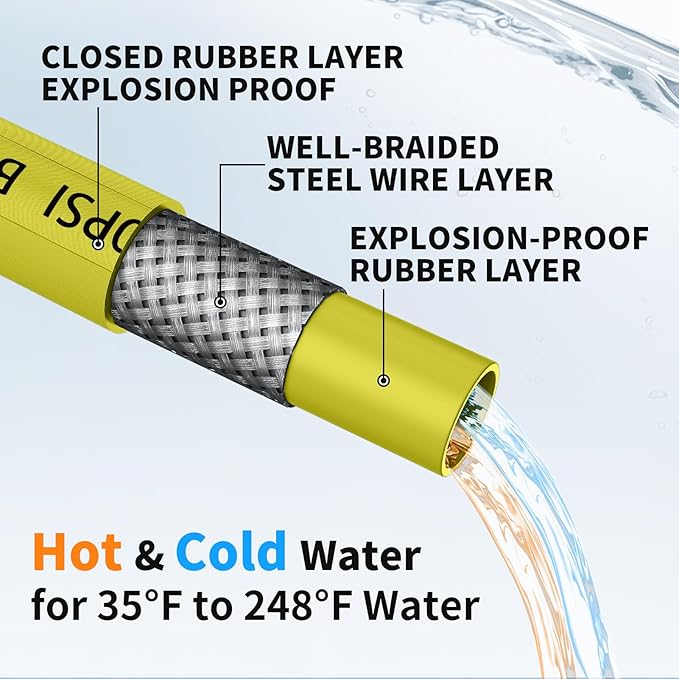 POHIR 100ft Pressure Washer Hose 3/8" 4800 PSI, Power Washer Hose with 3/8 Quick Connect, Hot & Cold Water Hose Max 248°F, Commercial Industrial Grade Steel Wire Braided Kink Proof Extension Hose