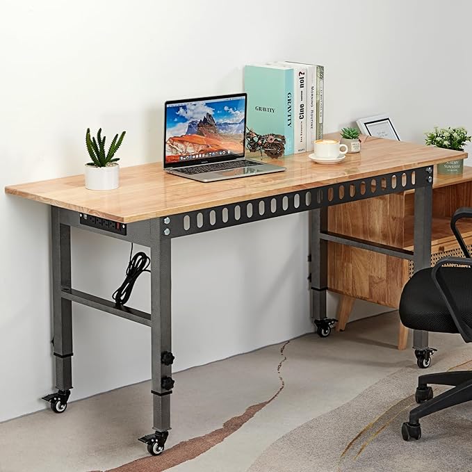 54.3 "Adjustable Workbench with Power Outlet, Heavy Duty 2000 LBS Load Capacity Hardwood Workbench Suitable for Workshop, Office, Garage, Home (Metal Wheels丨Power Outlets 54.3"x21.6")