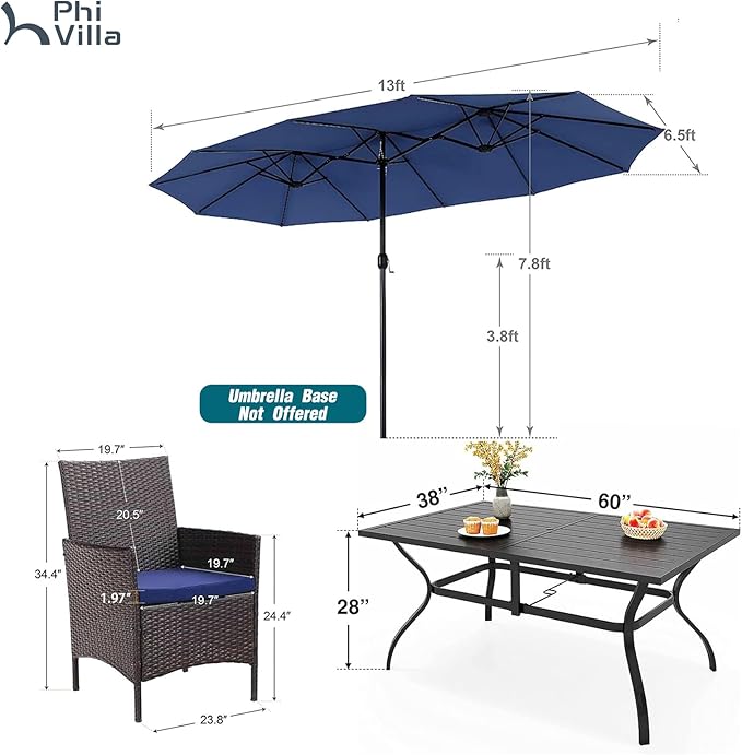 PHI VILLA 7 Piece Outdoor Dining Set with Umbrella, 60” Rectangular Metal Dining Table & 6 Cushioned Rattan Wicker Chairs & 13ft Large Blue Umbrella for Patio, Deck, Yard, Porch