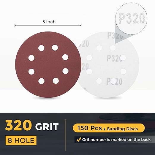 HARFINGTON 150 Pcs 5 Inch Sanding Discs, 320 Grit Hook and Loop Sandpaper, 8-Hole Aluminum Oxide Orbital Sander Sandpaper for Woodworking Automotive Metal Polishing, Red