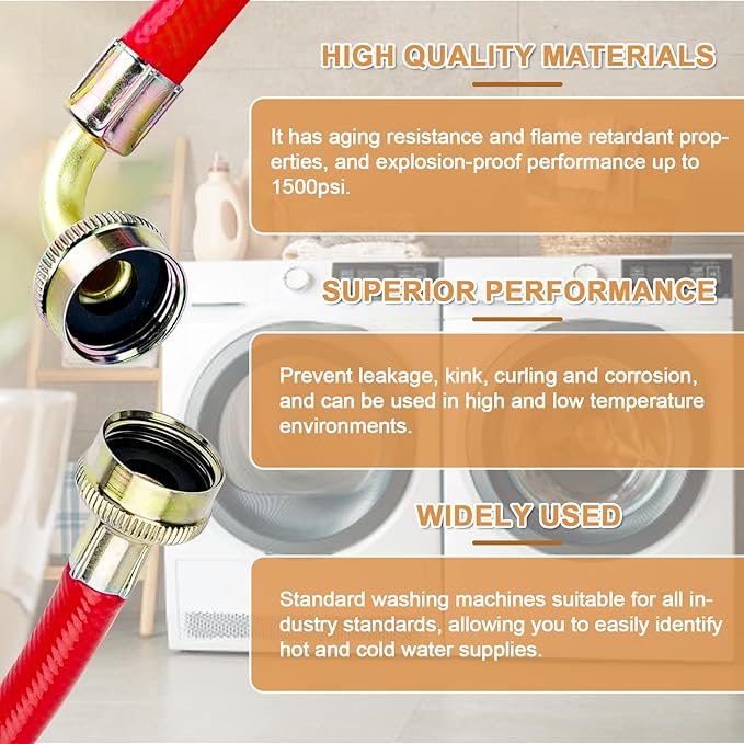 Cenipar 6 Feet Rubber Washing Machine Hoses with 90 Degree Elbows Burst Proof (Pack of 2) For Hot and Cold Water 3/4" NPT Connection Water Supply Lines for All Washing Machine
