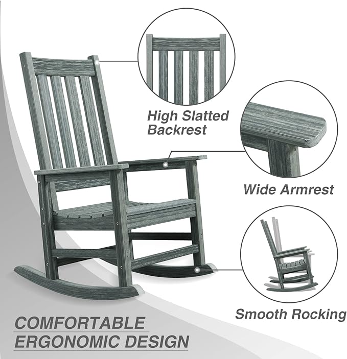 Outdoor Rocking Chair Set of 2, HDPE Oversized Patio Rocking Chairs, Weather Resistant, 350lbs Heavy Duty Porch Rocker with High Back for Backyard, Fire Pit, Garden and Indoor (Grey)