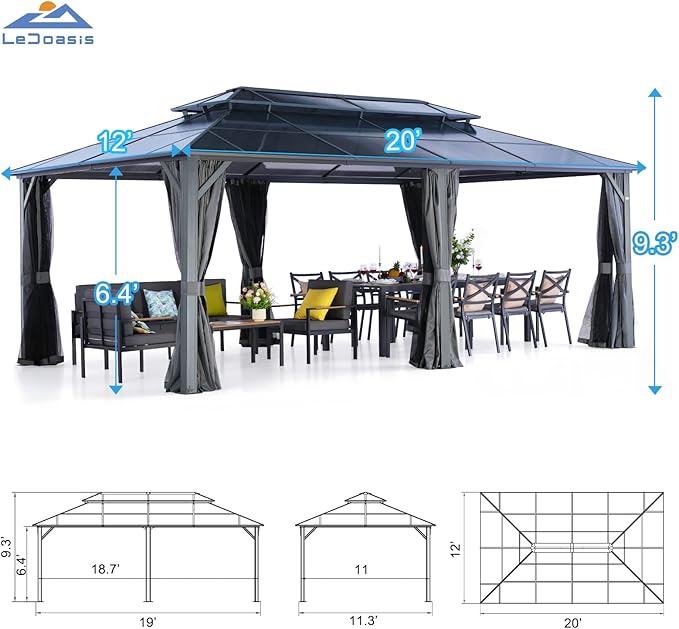 LeDoasis Nebula 12'x20' Permanent Hardtop Gazebo, Outdoor Aluminum Patio Gazebo, Polycarbonate Double Roof Canopy, Breathable Netting & Privacy Curtain Included，for Patio Lawn and Garden,Parties