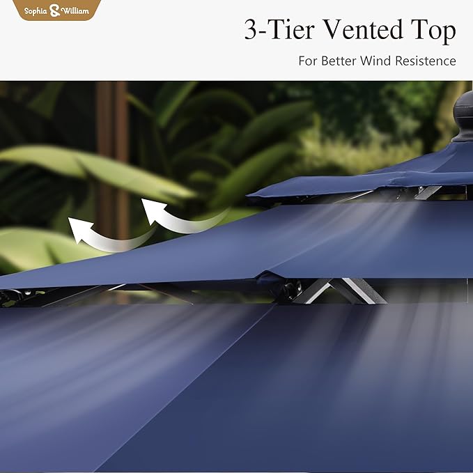 Sophia & William 10ft 3 Tier Auto-tilt Patio Umbrella, Outdoor Double Vented Umbrella with Crank, Navy