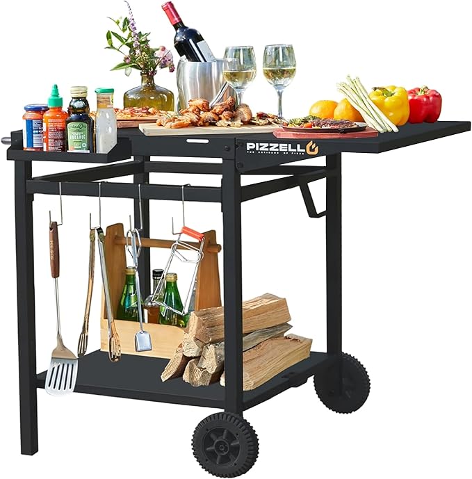 PIZZELLO Outdoor Grill Table Cart 35" x 22" Movable Pizza Oven Stand Foldable Double-Shelf Grill Cart Food Prep Trolley Dining Cart Fit for Ooni Ninja Woodfire Blackstone Pizza Oven