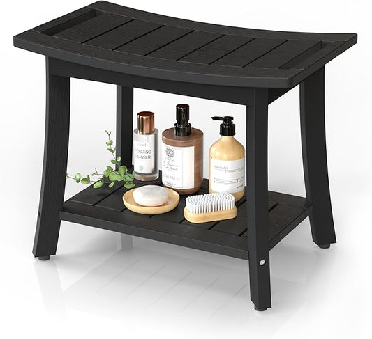 HIPS Shower Benches for Inside Shower, Waterproof Shower Stool with Storage Shelf & Adjustable Feet, SPA Bathroom Seat Chair for Shaving Legs, Indoor or Outdoor Use, Black