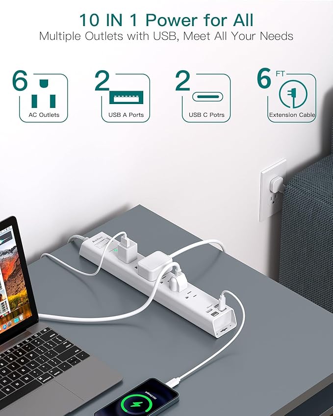 6 Ft Power Strip Surge Protector - Flat Extension Cord with 6 AC Outlets 4 USB (2 USB C), Wall Outlet Extender with Surge Protection, Desktop Charging Station for Home Office Dorm Room Essentials