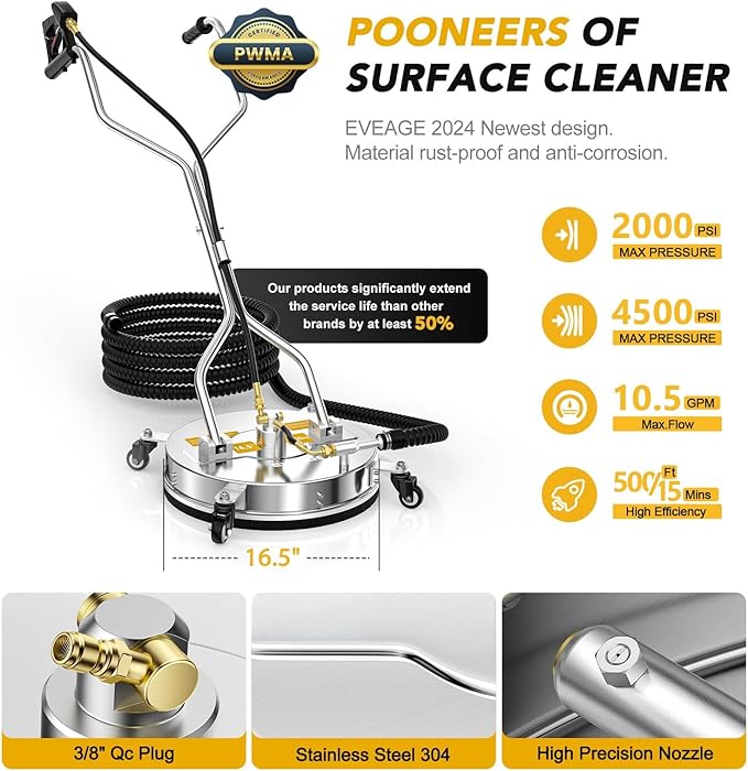 EVEAGE 16.5" Pressure Washer Surface Cleaner, EP003 Dual Handle Stainless Steel Surface Cleaner for Pressure Washer Power Washer, 4000 PSI, Perfect for Driveways, Sidewalks,Patios Cleaning (16.5inch)