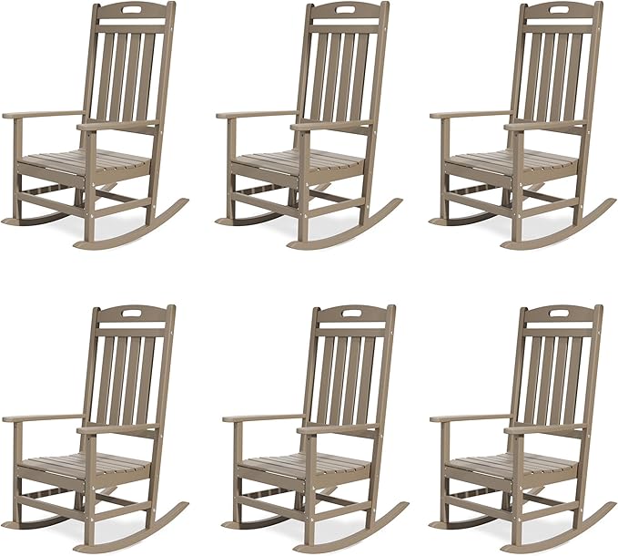 Outdoor Rocking Chair Set of 6, All-Weather Resistant Poly Lumber Rocker Chair Outdoor, High Back Plastic Patio Rocking Chairs for Outside Porch Rocker Garden Lawn, Weather Wood