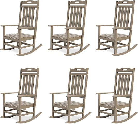 Outdoor Rocking Chair Set of 6, All-Weather Resistant Poly Lumber Rocker Chair Outdoor, High Back Plastic Patio Rocking Chairs for Outside Porch Rocker Garden Lawn, Weather Wood