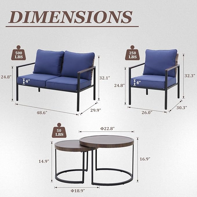COOS BAY Sand Dune 5 Piece Wicker Patio Furniture Set, Rattan Outdoor Furniture with Nesting Tables, Chairs, Loveseat, and Coffee Tables, Brown/Blue