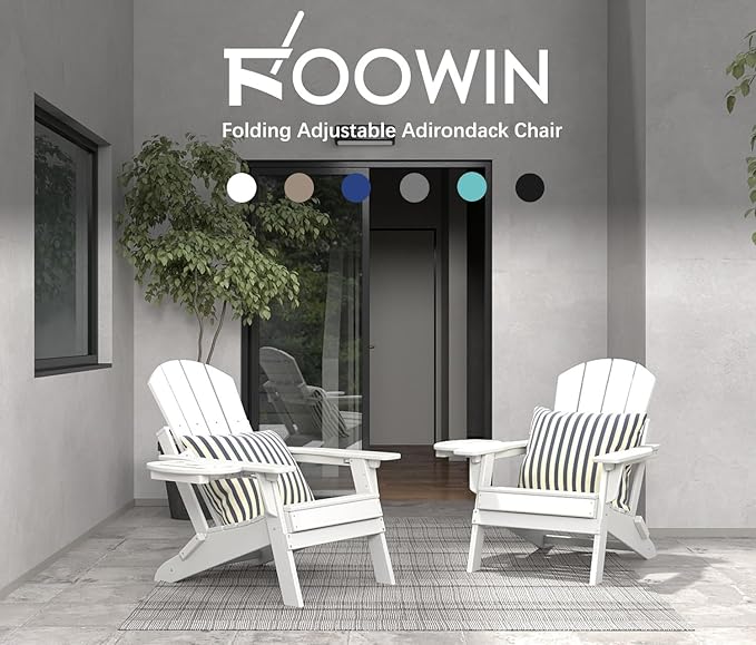 FOOWIN Folding Adjustable Adirondack Chair Set of 2,HDPE Adirondack Chair w/4 in 1 Cup Holder Trays,All-Weather Resistant Fire Pit Chair, Outdoor Chair for Patio Lawn Poolside,400lbs,White