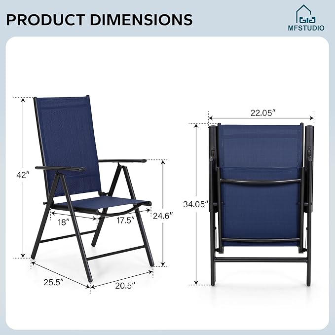 MFSTUDIO Patio Folding Chairs Set of 6, Outdoor Patio Dining Chairs, Portable Blue Sling Patio Chairs, 7 Levels Adjustable Sling Back Chairs for Backyard Lawn Garden