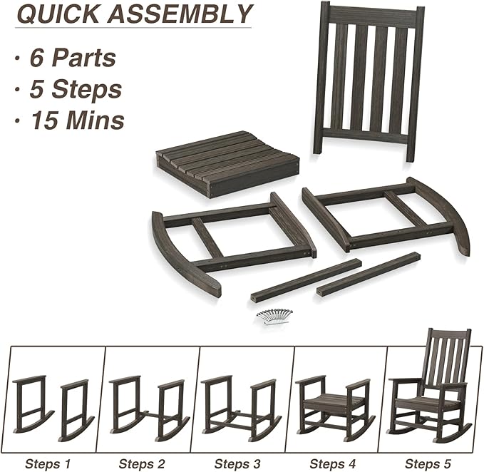 Rocking Chair Outdoor, HDPE Oversized Patio Rocking Chairs, Weather Resistant, 350lbs Heavy Duty Porch Rocker with High Back for Backyard, Fire Pit, Garden and Indoor (Dark Brown)