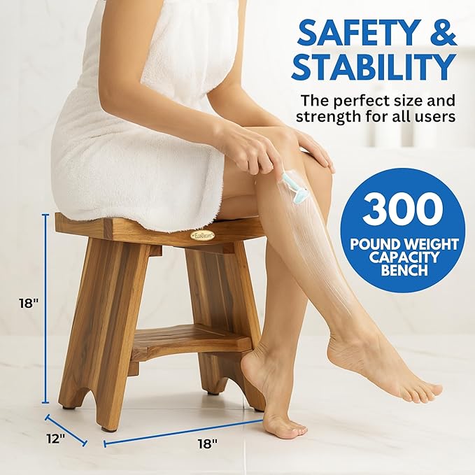 EcoDecors Teak Shower Bench 18", 300 lb Capacity – Waterproof Wood Bath Seat with Shelf, Spa Seating for Adults – Compact Fit for Small Bathrooms & Walk-in Showers – Slip-Resistant Feet
