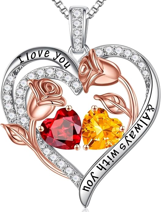 Iefil Christmas Gifts for Women Wife - 925 Sterling Silver Rose Heart Birthstone Necklace Birthday Anniversary Jewelry Gifts for Her Wife Mom Daughter