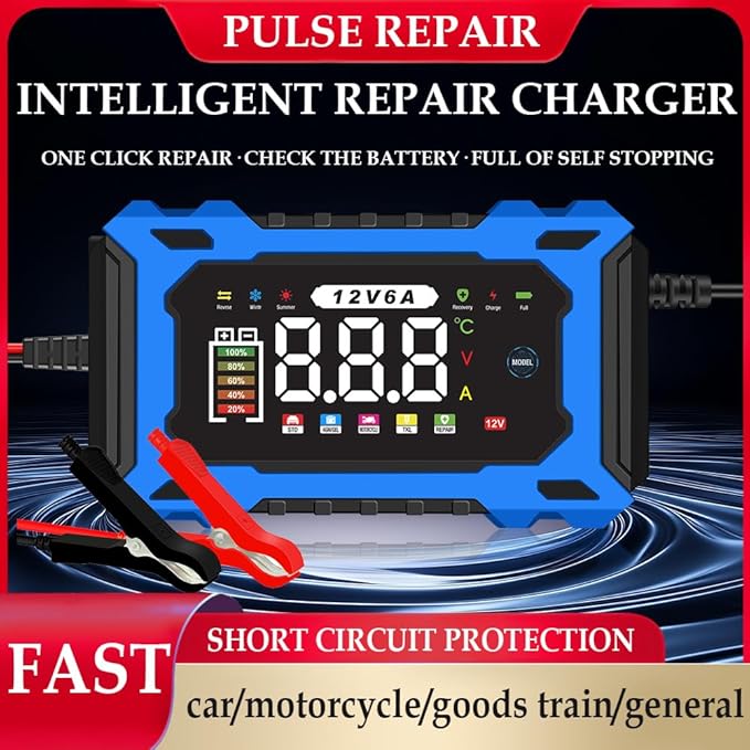 12V 6A Smart Battery Charger - Automotive Car/Motorcycle 12V Lead-Acid Battery Charger with LCD, Pulse Repair & Overcharge Protection