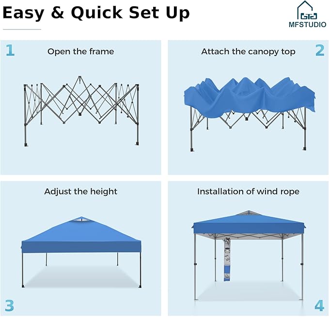 MFSTUDIO Pop Up Canopy Tent, 10x10 Canopies Outdoor One Person Push Set Up Tent Instant Portable Shelter Tents with Vented Top, Storage, 4 Sandbags, Beach Canopy,Blue
