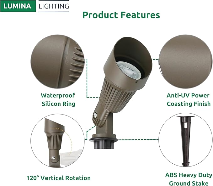 Lumina Lighting® 4W Landscape lighting 12V Landscape Lights Low Voltage Landscape Spotlights Warm White Waterproof Outdoor Replaceable LED Bulb for Garden, Lawn, Porch, Patio and Yard (Bronze, 6-Pack)