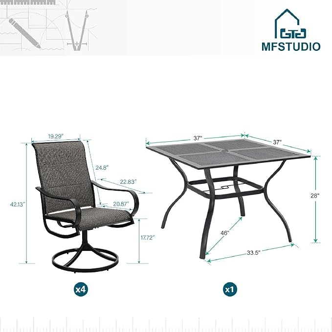 MFSTUDIO Outdoor Dining Set for 4, Patio Dining Set with Umbrella Hole, 5 Piece Patio Table and Chairs Set for Deck/Backyard/Poolside/Garden