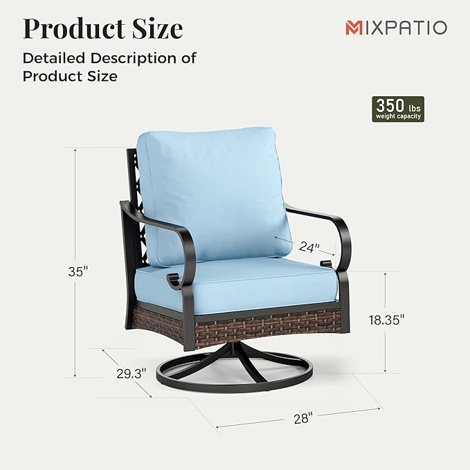 Outdoor Patio Swivel Sofa Chairs Set of 2 Steel Frame Porch Furniture with Deep Seating and 5.75" Cushions for Lawn Backyard Deck, Blue