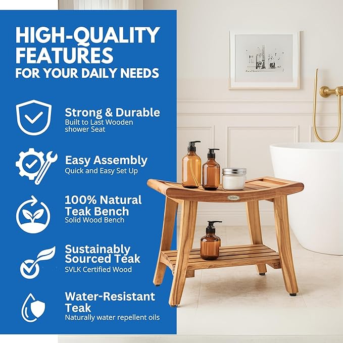 EcoDecors 24 Inch Harmony Natural Color Waterproof Teak Wood Shower Bench Stool Seat Chair For Inside Shower Storage Shelf Provides Safety, Storage, and Organization For Bathroom Accessories