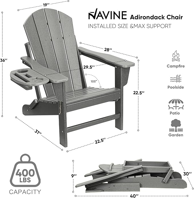 Adirondack Chair Set of 4, HDPE Folding Adirondack Chair with Multifunctional Cup Holder, Weather Resistant Fire Pit Chair for porches, patios, patios, poolsides, Decks.