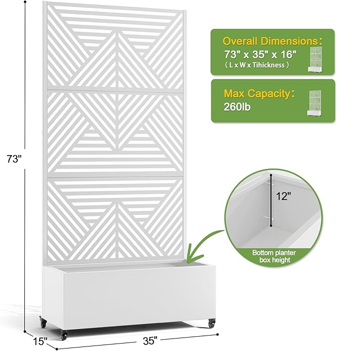 FENCY Metal Raised Garden Bed with Wheels and Trellis,73"x35"x16" Planter Box for Climbing Plants, Vegetables & Vines, Features Privacy Screen and Drainage Holes (White-Modern)