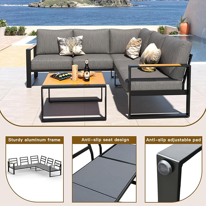 Aluminum Patio Furniture Set, All-Weather Outdoor Couch Sectional, L Shaped Patio Conversation Sets, Metal Corner Sofa with Teak Coffee Table (Cushion: Dark Gray, Black Frame)