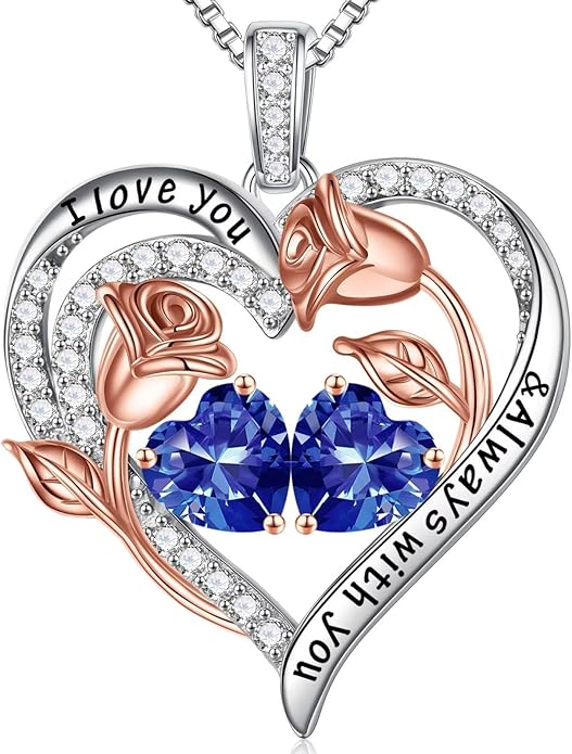 Iefil Christmas Gifts for Women Wife - 925 Sterling Silver Rose Heart Birthstone Necklace Birthday Anniversary Jewelry Gifts for Her Wife Mom Daughter