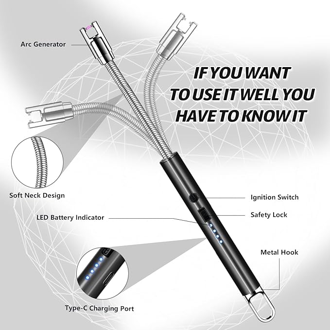 2 PCS Electric Lighter, Candle Lighter Arc Windproof Flame-Less with 360° Flexible Neck & LED Power Display, Type-C Rechargeable for BBQ, Grill, Camping, Fireplace, Stove