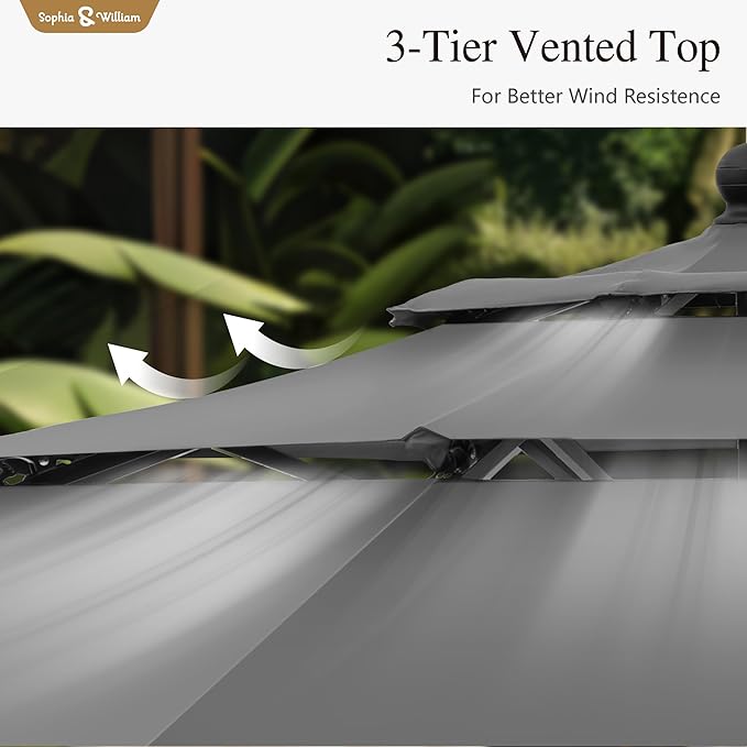 Sophia & William 10ft 3 Tier Auto-tilt Patio Umbrella, Outdoor Double Vented Umbrella with Crank, Grey