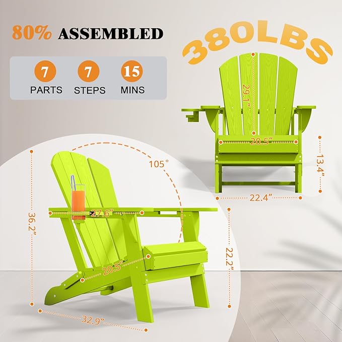 Folding Adirondack Chair, HDPE All-Weather Patio Chairs for Outdoor, Patio, Lawn, Garden, Backyard Deck, Fire Pit - Apple Green