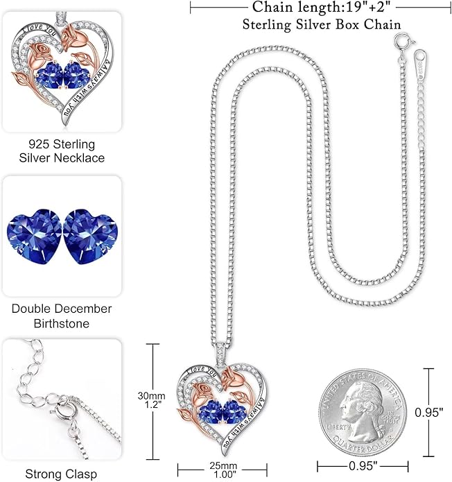 Iefil Christmas Gifts for Women Wife - 925 Sterling Silver Rose Heart Birthstone Necklace Birthday Anniversary Jewelry Gifts for Her Wife Mom Daughter