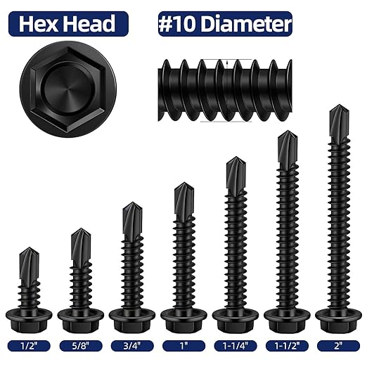 MewuDecor #10 x 3/4" (1/2" to 3" Available) Hex Washer Head Self Drilling Sheet Metal Screws with Drill Point, Stainless Steel 410, Black Oxide, 100 PCS