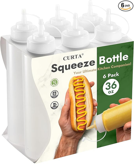 CURTA 6-Pack 36 oz Clear Squeeze Bottle with Cap, BPA-Free Easy-to-Squeeze Plastic Condiment Dispenser with oz & ml Markings for Sauce, Oil, Dressing, Dishwasher Safe, White