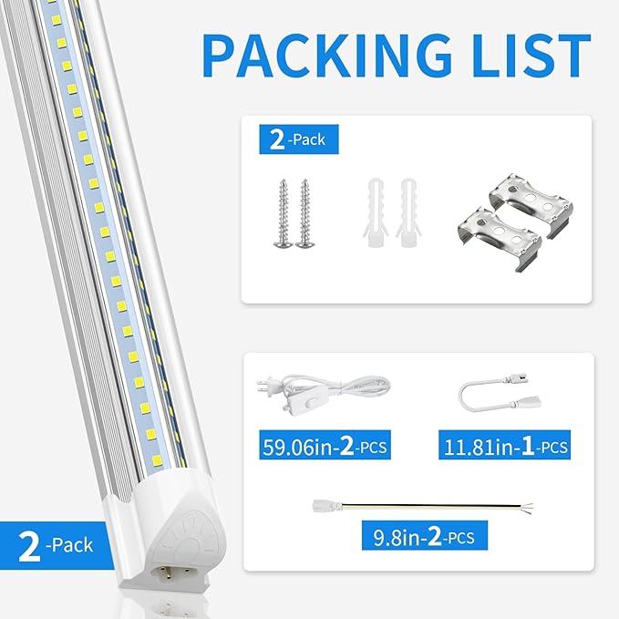 CNSUNWAY LED Shop Light 2FT, 20W 3000LM, 3000K Warm White, T8 LED Tube Lights, Ceiling and Utility Shop Lights, Linkable Light Fixture for Room, Garage, Workbench, ETL Listed (Pack of 2)