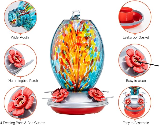 Muse Garden Gifts for Women Glass Hummingbird Feeder for Outdoors Hanging, Mother‘s Day Christmas Valentine Hummingbird Gifts for Women Mom, Ant Moat Included, 2 Pack, Fireworks and Starry
