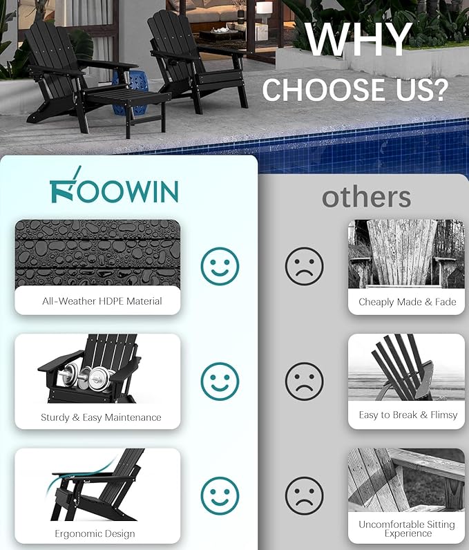 FOOWIN Adjustable Adirondack Chair with Retractable Ottoman Set of 4, Folding Adirondack Chair with Cup Holder, HDPE All-Weather Fire Pit Chair for Patio, Yard, Poolside, Black