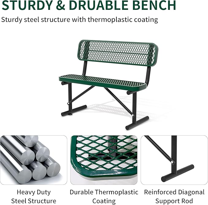 4 Feet Heavy Duty Metal Park Bench for Outside, Outdoor Bench with Backrest & Portable Frame, Commercial Benches for Shopping Malls, Stores, Parks, Patios, Decks, Green