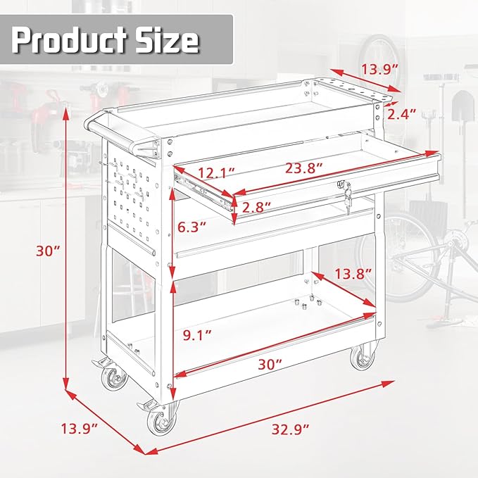 3 Tier Rolling Tool Cart, 400 LBS Capacity Mechanic Tool Carts on Wheels, Heavy Duty Utility Cart with Drawers, Metal Work Cart for Garage, Warehouse and Repair Shop, Matte Black