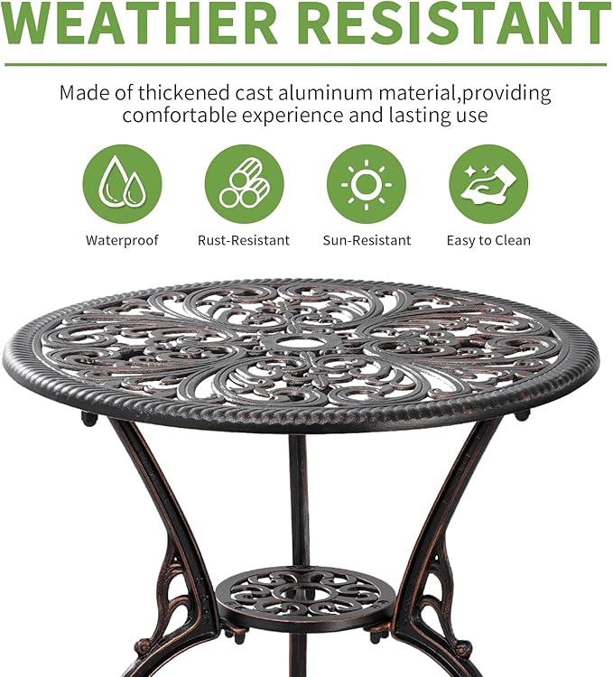 Bistro Set 3 Piece Outdoor,Cast Aluminum Outdoor Bistro Set,All Weather Bistro Table and Chairs Set of 2 with 1.97" Umbrella Hole,Patio Bistro Sets for Backyard, Balcony,Front Porch(Brown)