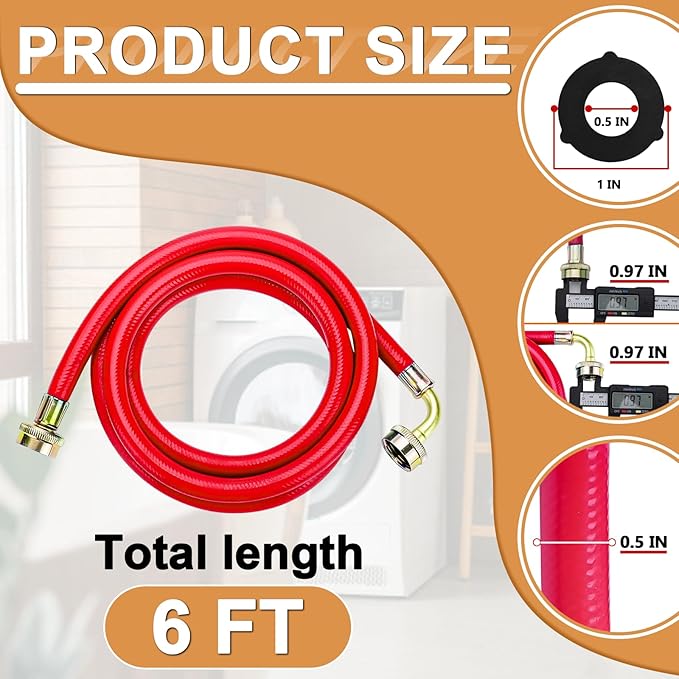 Cenipar 6 Feet Rubber Washing Machine Hoses with 90 Degree Elbows Burst Proof (Pack of 2) For Hot and Cold Water 3/4" NPT Connection Water Supply Lines for All Washing Machine