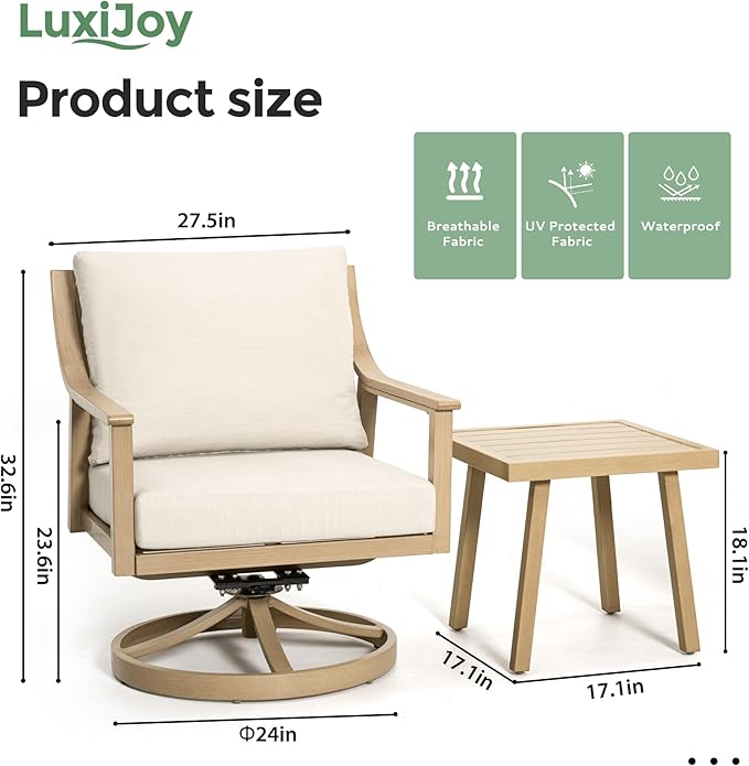 3-Piece Patio Conversation Bistro Sets, Outdoor Aluminum Bistro Sets with Thick Cushion, Modern Side Table and Swivel Chairs Set of 2, Rustproof and Waterproof for Porch Deck Garden, Beige