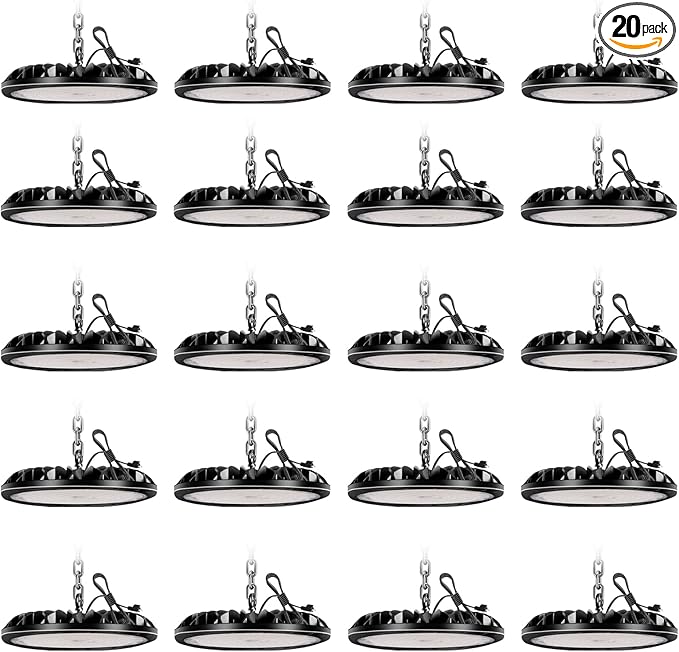 20 Pack UFO LED High Bay Light 100W, 10000LM Super Bright, LED Shop Light with 4ft 110V Plug Cable, 6500K Bay Lighting IP65 Waterproof for Barn/Garage