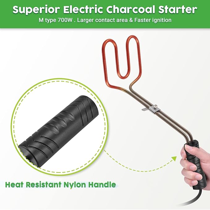 Electric Charcoal Starters 700W - BBQ Grill Fireplace Coal Lighter Easy & Quick Ignite Briquettes |No Sparks or Flames | 304 Coils 5f Cable for BGE Deep Grill (X-Large-Charcoal Starter)
