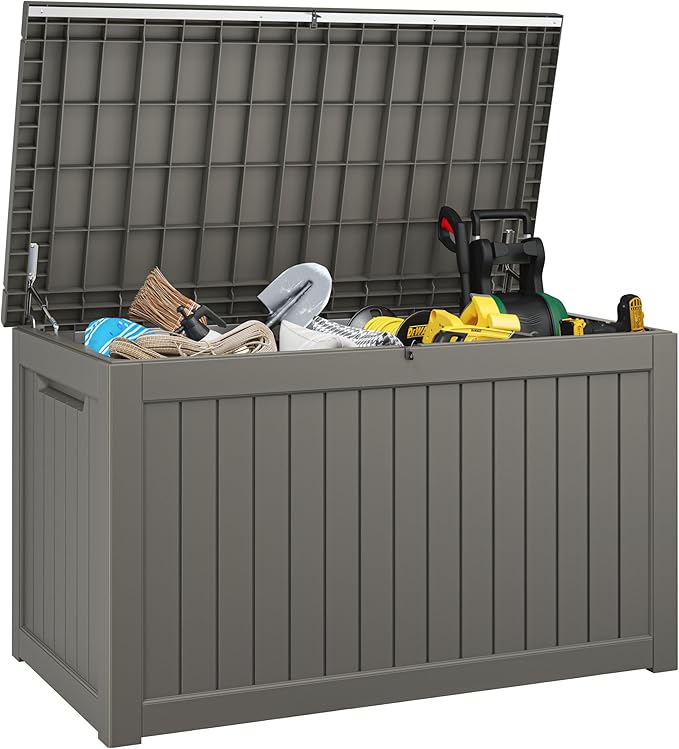 230 Gallon Large Resin deck box Waterproof,Outdoor Storage Bench,Patio Storage Box,Garden Tool Storage,UV-Resistant & All-Weather,Wood-like Striped Gray