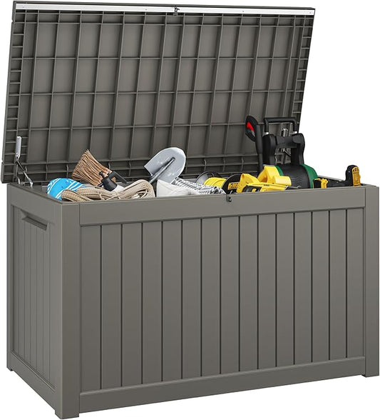 230 Gallon Large Resin deck box Waterproof,Outdoor Storage Bench,Patio Storage Box,Garden Tool Storage,UV-Resistant & All-Weather,Wood-like Striped Gray