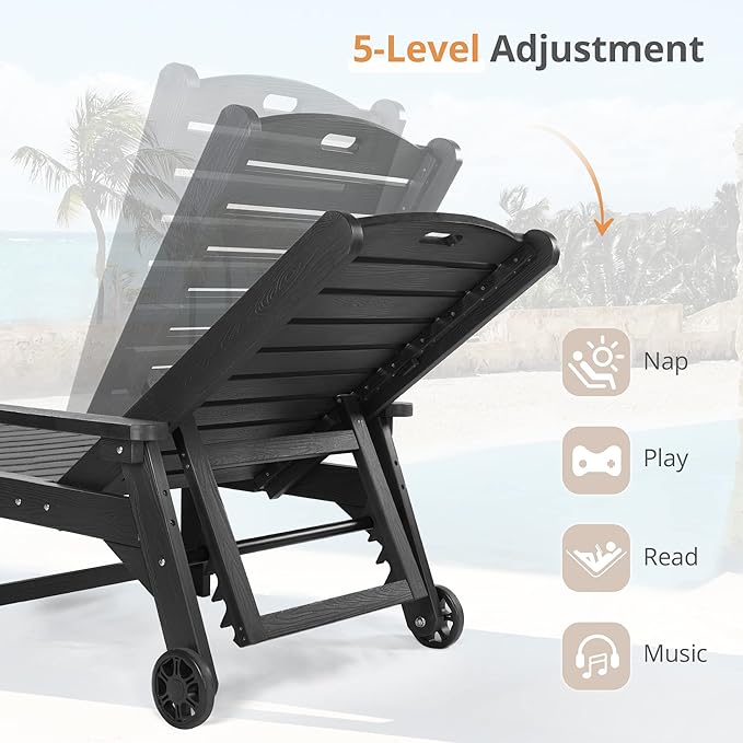 LUE BONA Outdoor Chaise Lounge Chairs Set of 4, HDPS Chaise Lounger, 5 Positions Adjustable Lounge Chairs, Pool Lounge Chair with Wheels for Poolside, 3 Year Warranty, Black